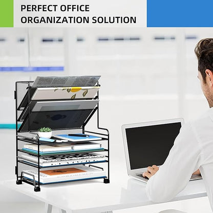 4-Tier Paper Organizer + 3-Pocket File Holder + Drawer + Pen Holders, Desktop File Organizers Paper Tray for Office Supplies School Classroom Organization (Black, No Drawer & Pen Holder)