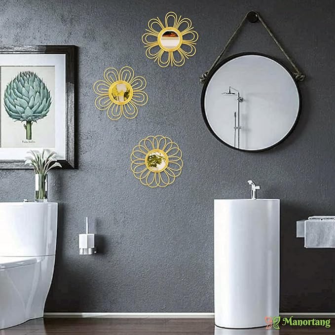 Gold Mirrors 3 Piece, 9 inch Flower-Shaped Mirror Hanging Wall Decor, Christmas Decorative Mirror Wall Art, Round Mirrors for Bedroom,Living Room,Bathroom, House Warming