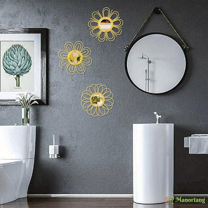 Gold Mirrors 3 Piece, 9 inch Flower-Shaped Mirror Hanging Wall Decor, Christmas Decorative Mirror Wall Art, Round Mirrors for Bedroom,Living Room,Bathroom, House Warming