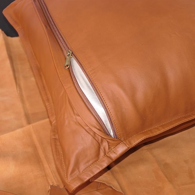 LL LEATHER LOVERS Lambskin Leather Pillow Cover - Sofa Cushion Case - Decorative Throw Covers for Living Room & Bedroom, 14x14 Inches - Camel Antique Box Pack of 1