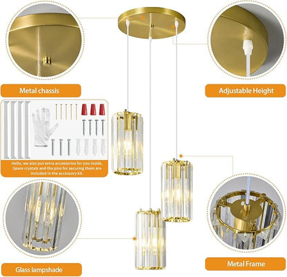 Gold Pendant Lighting Modern Pendant Light, Mini Crystal Chandeliers,Adjustable Pendant Light Fixture for Kitchen Island Dinning Room Corridor Bedroom(Gold 3-Light)