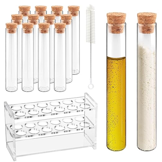 12pcs 30ml Glass Test Tube with Cork Stopper, 20x150mm Storage Tube with Cap, 12 Holes Acrylic Rack, Plant Propagation Vase, Tube Set for Scientific Experiments Lab Candy Liquid Party Decor