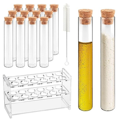 12pcs 30ml Glass Test Tube with Cork Stopper, 20x150mm Storage Tube with Cap, 12 Holes Acrylic Rack, Plant Propagation Vase, Tube Set for Scientific Experiments Lab Candy Liquid Party Decor