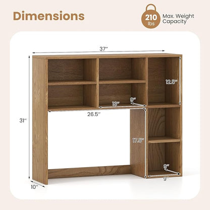 GOFLAME Desktop Bookshelf, 37” Desk Organizer Shelf with 7 Cubes & 3 Adjustable Shelves, 3-Tier Wood Countertop Display Rack, Multipurpose Tabletop Desk Hutch for Dorm, Home Office (Natural)