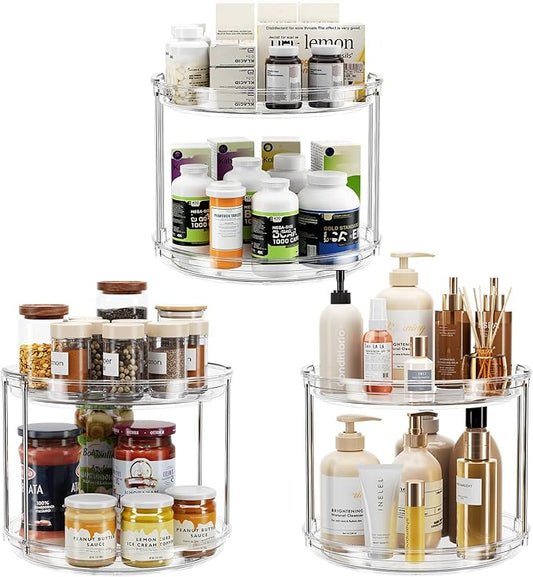 LAMU 3 Pack 2 Tier Lazy Susan Turntable Organizer 9.25'' Rotating Spice Rack Organization for Cabinet, Kitchen, Pantry, Countertop, Bathroom, Vanity, Medicine Cabinet Organizer, Clear