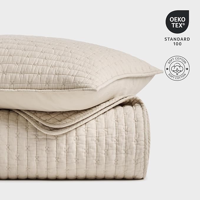 EVERGRACE Cross Stitch Pre-Washed Cotton Quilt Bedding Set Queen Size, Oversized 3 Pieces Lightweight Bedspread Coverlet for All Season, with 2 Matching Shams, Flax Beige, 92"x96"