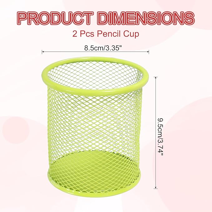 uxcell 2Pcs Mesh Pencil Holder, Metal Pen Cup Desk Organizer Makeup Brush Cup Holder for Home, Office, Classroom(Green)