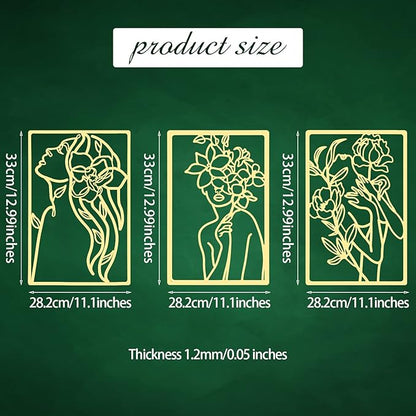 CHENGU Metal Wall Art (3 Pieces, Gold, Floral Style) - Minimalist Abstract Woman Line Drawing Wall Art Decor for Kitchen Bathroom Living Room