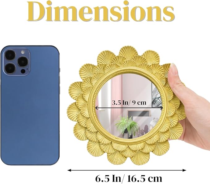 6.5" Vintage Vanity Makeup Desk Mirror, Small Gold Round Mirror for Table, Antique Scallop Edged Wall Mirror Decorative for Living Room Bedroom Dressing Tabletop