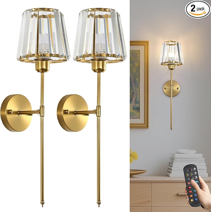 Battery Operated Crystal Wall Sconce Set of 2, Brushed Gold Wireless Wall Light with Remote Control, LED Dimmable 15 Colors USB Rechargeable Light Bulbs Wall Lamp for Bedroom Living Room Hallway