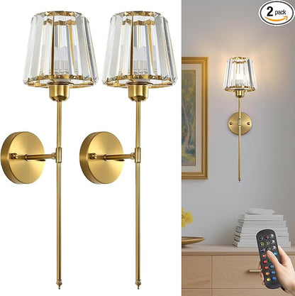 Battery Operated Crystal Wall Sconce Set of 2, Brushed Gold Wireless Wall Light with Remote Control, LED Dimmable 15 Colors USB Rechargeable Light Bulbs Wall Lamp for Bedroom Living Room Hallway