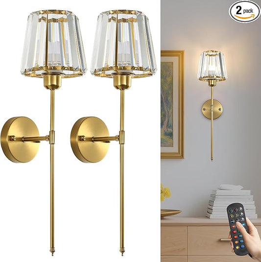 Battery Operated Crystal Wall Sconce Set of 2, Brushed Gold Wireless Wall Light with Remote Control, LED Dimmable 15 Colors USB Rechargeable Light Bulbs Wall Lamp for Bedroom Living Room Hallway