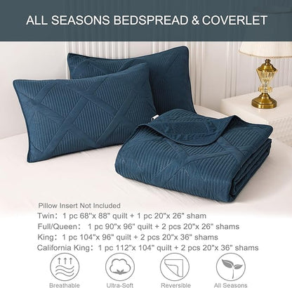 Exclusivo Mezcla Quilts Queen Size - Navy Blue Quilt Set Bedspread with 2 Pillow Shams, Modern Bedding Set with Striped Pattern, Soft Lightweight Bedspreads Queen Size for All Seasons