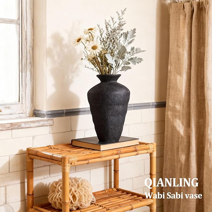 Wabi Sabi Decor Rusty Vintage Vase - 8.7" Tall Rustic Farmhouse Wabi Sabi Vase for Centerpiece, Pottery Stone Flower Vases for Home Decor, Table, Living Room, Bedroom, Bathroom, Kitchen (Black)