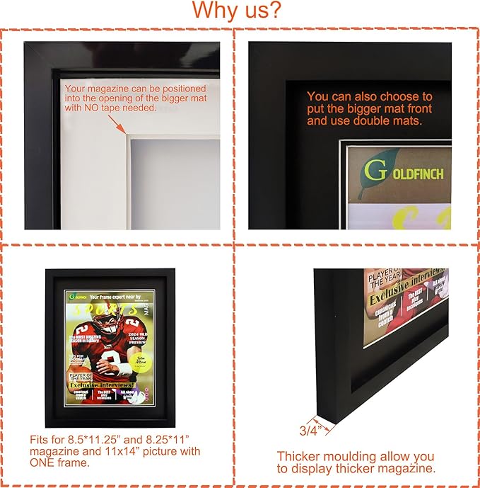 Goldfinch 2 Packs Sports Magazine Frames Displays Magazines Measuring 8.5 x 11.25 or 8.25 x 11 inches with Double White Core Matting, Deep Frame Moulding, with Installed Hanger