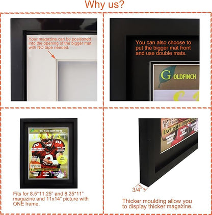 Goldfinch 2 Packs Sports Magazine Frames Displays Magazines Measuring 8.5 x 11.25 or 8.25 x 11 inches with Double White Core Matting, Deep Frame Moulding, with Installed Hanger