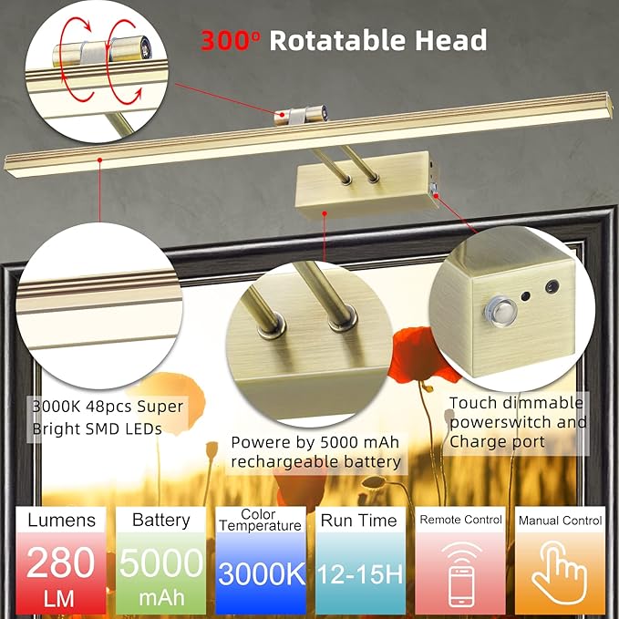 FUNCHDAY Picture Light,Battery Art Lights for Wall,Wireless Remote Painting Light with Timer and Dimmable,13”Metal Display Lighting for Artwork,Portrait,Gallery-Antique Brass