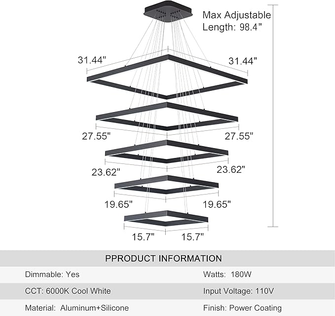 Square Led Chandelier Modern Hanging Light 5-Rings Contemporary Ceiling Pendant Light Dimmable Pendant Light for Living Room Kitchen Dining Room 15.7"+19.6"+23.6"+27.5"+31.4" Black 110V 180W