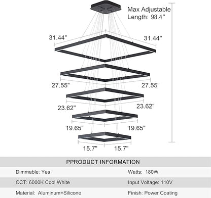 Square Led Chandelier Modern Hanging Light 5-Rings Contemporary Ceiling Pendant Light Dimmable Pendant Light for Living Room Kitchen Dining Room 15.7"+19.6"+23.6"+27.5"+31.4" Black 110V 180W