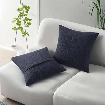 HAUSSY Set of 2 16x16 Decorative Throw Pillow Covers, Soft Cozy Textured Boucle Couch Cases, Home Decor for Couch Bed Living Room, Navy Blue