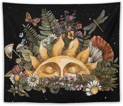 Vintage Sun Tapestry,Boho Hippie Mushroom Starry Floral Forest Plant Tapestries Wall Hanging for Dorm Living Room Bedroom Home Decor(50"x60")