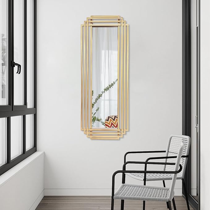 Modern Rectangle Mirror, 42"x16" Geometric Art Deco Mirror with Metal Frame, Gold Elegant Mirrors for Living Room Bedroom Bathroom Entryway Hallway, Hangs Vertically or Horizontally