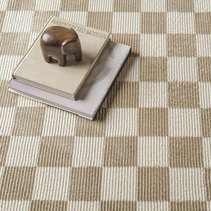Revival Rugs Gambit 6'7"x9' Checkered Rug Washable Area Rug for Living Room Bedroom - 100% Recycled Oeko-TEX Certified, Medium Pile, Camel, Beige