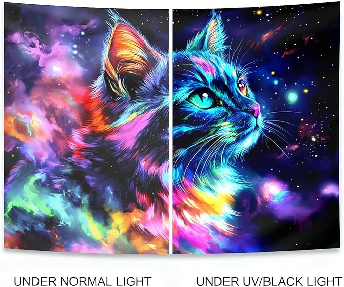 seewan Black Light Cat Tapestry, Space Galaxy Cat Tapestry, Glow-in-the-Dark UV-Reactive Black Light Standing Tapestry, Psychedelic Starry Night Wall Hanging, Bedroom Dorm Living Room Background Decor