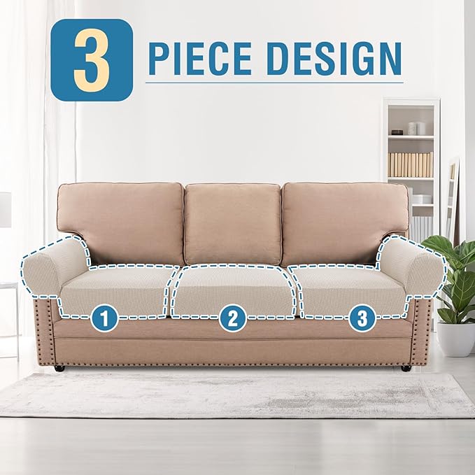 H.VERSAILTEX High Stretch Cushion Cover Washable Sofa Covers for 3 Cushion Couch Thick Jacquard Textured Twill Fabric (3 Piece Loveseat Cushion Cover with Armrest, Ivory)