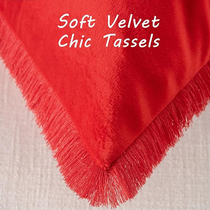 FUTEI Christmas Red Velvet Decorative Throw Pillow Covers 26x26 Set of 2,Soft Cozy Edge with Tassels Euro Pillow Shams,Boho Modern Home Decor for Couch Bed Living Room