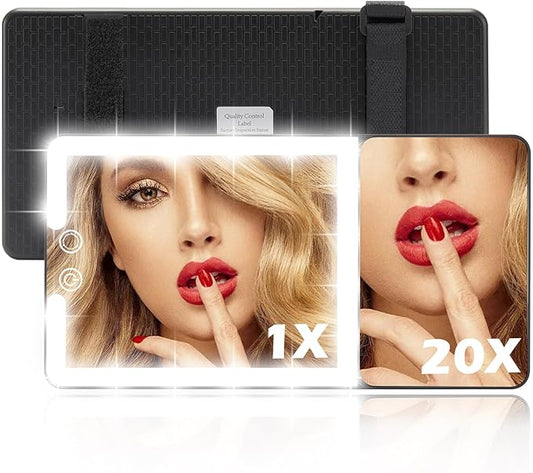 Large 2-in-1 Led Car Vanity Mirror with 20X Strong Magnification,10" Sun Visor Mirror with 3-Color Dimmable Rechargeable LED Lights,Car Makeup Mirrors with Secure Reinforced Flexible Mount