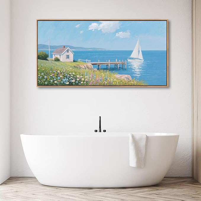 Coastal Pictures for Living Room, Beach Wall Art, Floral Wall Art Featuring Sailboat and Ocean Wall Decor, Nautical Framed Art for Bedroom or Above Bed Decor Large Artwork for Walls 20×40IN