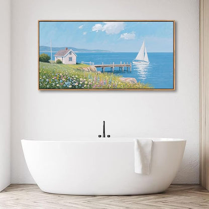 Coastal Pictures for Living Room, Beach Wall Art, Floral Wall Art Featuring Sailboat and Ocean Wall Decor, Nautical Framed Art for Bedroom or Above Bed Decor Large Artwork for Walls 20×40IN