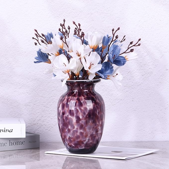 Hand Blown Glass vase, Purple Wide Mouth Glass Large vase for Home Decoration Bouquet, Suitable for Office Living Room TV Stand Kitchen Dining Table Centerpiece Bookshelf entryway Desktop Decoration.