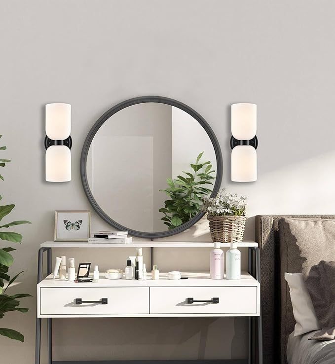 CLAXY Wall Sconces Set of 2 Modern Bath Vanity Light Fixtures Over Mirror Matte Black with Milky White Glass Shade Wall Lights for Bathroom, Bedroom, Hallway, Kitchen, Dimmable