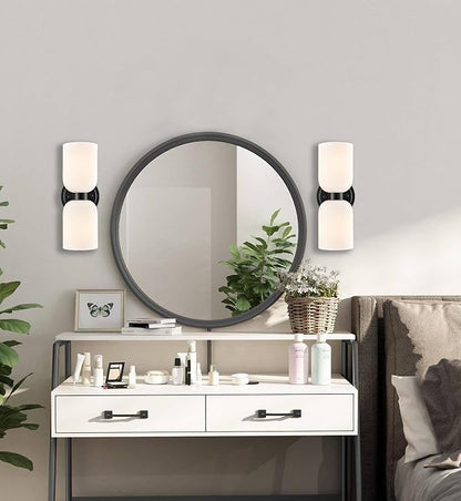 CLAXY Wall Sconces Set of 2 Modern Bath Vanity Light Fixtures Over Mirror Matte Black with Milky White Glass Shade Wall Lights for Bathroom, Bedroom, Hallway, Kitchen, Dimmable