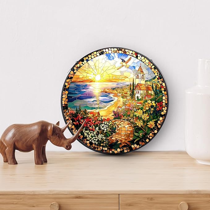 Country Stained Glass Window Hanging, 7.8" Round Sun Catcher Hand Painted Wall Art Decor with Chain, Unique Housewarming Gifts for Couples, Home