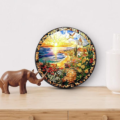 Country Stained Glass Window Hanging, 7.8" Round Sun Catcher Hand Painted Wall Art Decor with Chain, Unique Housewarming Gifts for Couples, Home