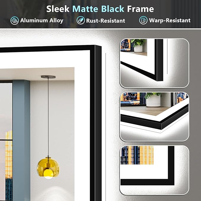84x32 Inch Black Framed LED Bathroom Mirror with Lights, Backlit & Front Lit, Anti-Fog Lighted Vanity Mirrors for Bathroom Wall, Dimmable, 3-Color Light, Memory, Shatter-Proof, Tempered Glass