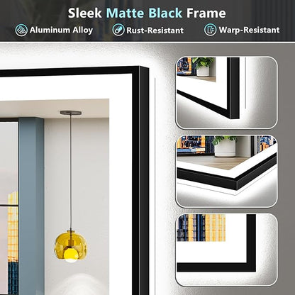 84x32 Inch Black Framed LED Bathroom Mirror with Lights, Backlit & Front Lit, Anti-Fog Lighted Vanity Mirrors for Bathroom Wall, Dimmable, 3-Color Light, Memory, Shatter-Proof, Tempered Glass