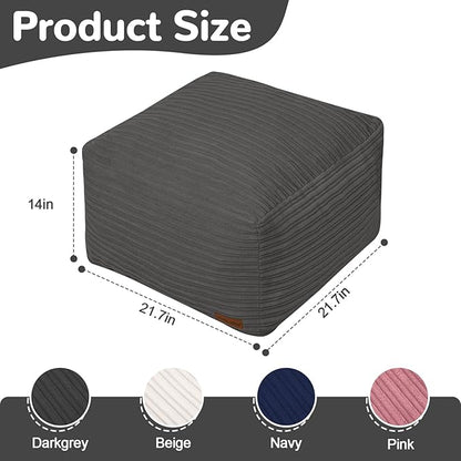 MeMoreCool Square Stuffed Pouf Ottoman Foot Rest, Stripe Furry Floor Pouf Foot Stool with Foam Chunk Filling, Soft Fluffy Stuffed Ottoman Footrest for Living Room, Corduroy Grey