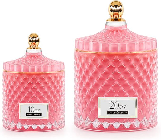 2 Pack Glass Qtip Holder Apothecary Jars Bathroom Jars with Lids for Room Decor, Pink Bathroom Accessories Storage Organizer, Cotton Ball Pad Round Swab Holder sets Pink Decor, 20oz+10oz