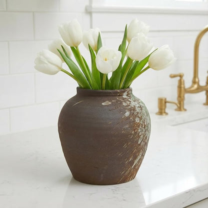 Rustic Farmhouse Ceramic Vase Home Decor,Handmade Vintage Stoneware Clay Pottery Terracotta Textured for Modern Farmhouse, Living Room, Office Desk Table Shelf(Brown) 6IN