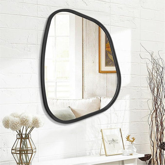 Black Asymmetrical Mirror Large 26"x18" Irregular Oval Wall Mirror Modern Wood Frame Unique Shape Wall Mounted Vanity Artistic Mirror Decorative for Living Room Bedroom Bathroom Entryway Hallway
