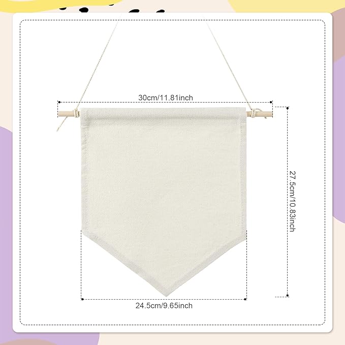 3 Pack Blank Hanging Banner for DIY Crafts，Cotton Canvas Pennant Flags with Wooden Rods, Small Wall Hanging Sign for Wedding, Party, Home Decoration, Paintable Embroidery Friendly