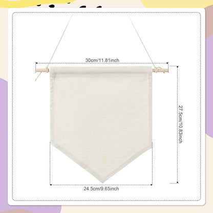 3 Pack Blank Hanging Banner for DIY Crafts，Cotton Canvas Pennant Flags with Wooden Rods, Small Wall Hanging Sign for Wedding, Party, Home Decoration, Paintable Embroidery Friendly