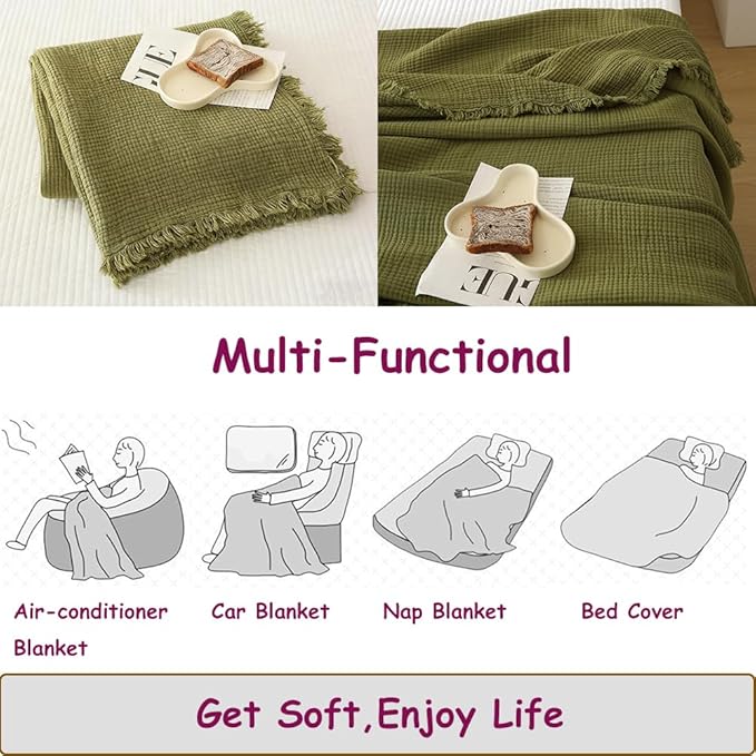 100% Cotton 4-Layer Muslin Blanket with Fringes, 50"x60", Avocado Green Throw Blanket, Ultra-Soft Gauze Blanket, Boho Bedding for All Seasons, Breathable for Couch, Bed(Avocado Green,Throw)