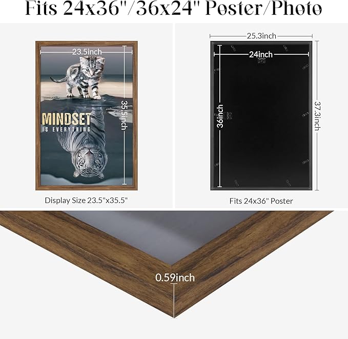 24x36 Rustic Brown Poster Frame, Distressed Brown Large Picture Frame Family Memorial Photo Vertical Horizontal Weathered Wall Hanging Frame Big Farmhouse Museum Concert Wedding Picture Frame Gift