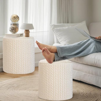 Modern Round Ottoman 2Pcs, Braided-Tufted Foot Stool Ottoman, Velvet Upholstered Vanity Stool for Makeup, Bedroom, Living Room, White