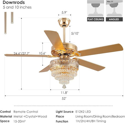 Crystal Ceiling Fan Fandelier with Lights - 52" Modern Outdoor Fans with Remote Control，Noiseless AC Motor, Retro/Farmhouse Lighting, Dining Room,Living Room (Gold